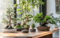 Fotografia rôznych druhov bonsajov s naznačením ich typických problémov.