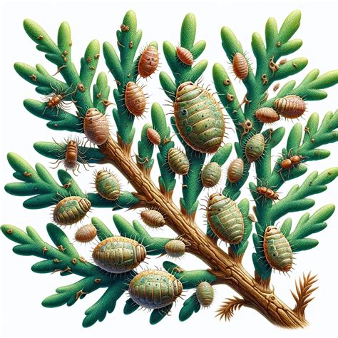 ilustrácia znázorňujúca bežné choroby a škodcov tují s popismi