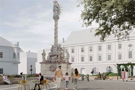 Vizualizácia nového mobilného záhonu na Trojičnom námestí s prvkami na sedenie a vodnou hmlou.