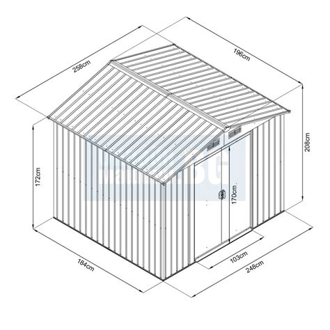 Fotografia záhradného domčeka Hecht 6x8 v sivej farbe, zdôrazňujúca jeho rozmery a posuvné dvere
