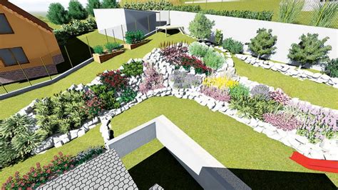 Záhrada vo svahu s terasami a okrasnými rastlinami