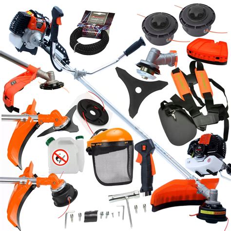 Ilustrácia rôznych typov záhradnej techniky - kosačka, krovinorez, motorová píla