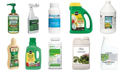 Koláž rôznych druhov tekutých hnojív pre špecifické rastliny