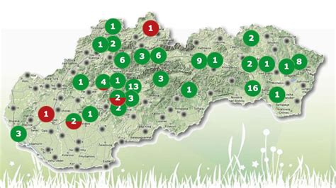 Mapa Slovenska s vyznačenými oblasťami vhodnými na zber húb