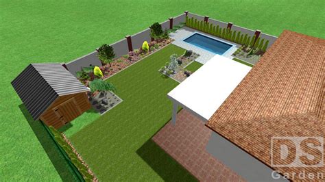 Vizualizácia showroomu HOME GARDEN CENTRUM s rôznymi záhradníckymi prvkami a produktmi.