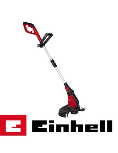 Detailná fotografia elektrickej strunovej kosačky Einhell GC-ET 4530 s vyznačenými praktickými funkciami ako ochranný kryt a dištančné koliesko