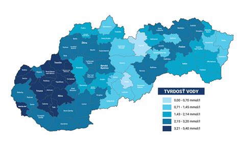 Mapa Slovenska s farebným označením priemernej tvrdosti pitnej vody v mmol/l v jednotlivých okresoch