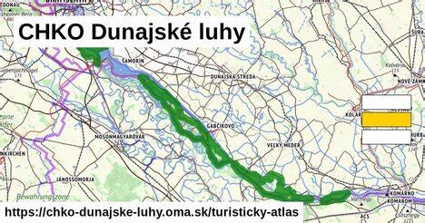 Mapa znázorňujúca rozsah CHKO Dunajské luhy pozdĺž toku Dunaja