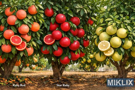 Infografika znázorňujúca populárne odrody grapefruitov a ich farebné odlišnosti