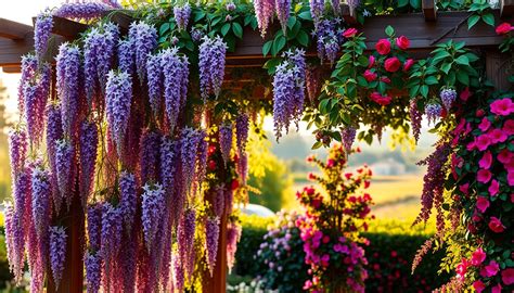 Tematická fotografia rozkvitnutej vistérie na pergole