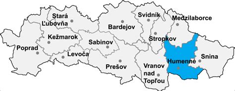 Mapa okresu Humenné so znázornenými hranicami a obcami