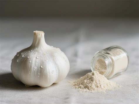 Rôzne druhy a formy cesnaku: čerstvé hlavičky, olúpané strúčiky, sušený cesnakový prášok