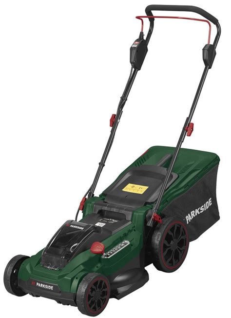 Detailný záber na kosačku Parkside PRMA 40-Li C1 v záhrade, znázornenie centrálneho nastavenia výšky kosenia a bezkefkového motora.
