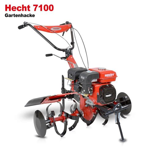Fotografia benzínového kultivátora Hecht 7100 s príslušenstvom a detailným záberom na motor