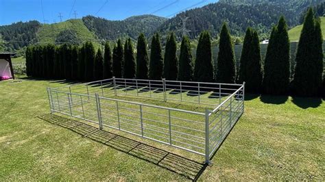 Schematické znázornenie ohrady pre zvieratá s plotmi a oddelenými sekciami pre rôzne druhy.