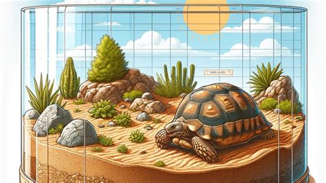 Ilustrácia vhodného terária pre suchozemskú korytnačku s prvkami na obrusovanie pazúrov a zobáka