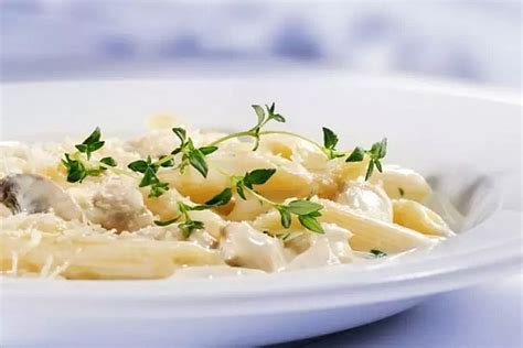 Záber na hotový tanier s kuracím mäsom v smotanovej omáčke so šampiňónmi a pórom