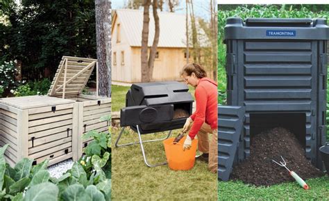 Ilustrácia: Rôzne druhy kompostérov - plastový, drevený, rotačný