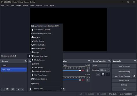 Schéma rozhrania OBS Studio so zvýraznenými panelmi Zdroje, Mixér zvuku a Ovládanie