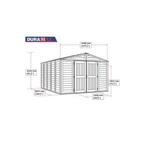Infografika s kľúčovými parametrami a rozmermi záhradného domčeka Duramax WoodBridge Plus