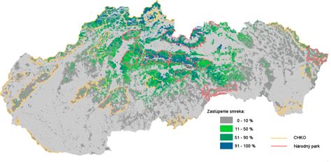 Mapa rozšírenia smreka obyčajného v Európe s vyznačením horných hraníc lesa.