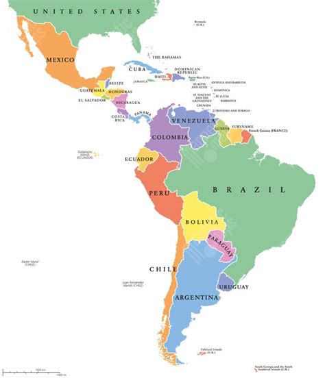 mapa Latinskej Ameriky s vyznačením kľúčových geografických celkov a štátov