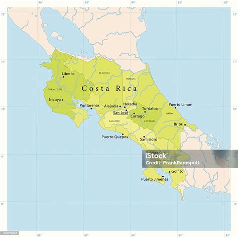 Mapa Kostariky so zvýraznenými kávovými regiónmi