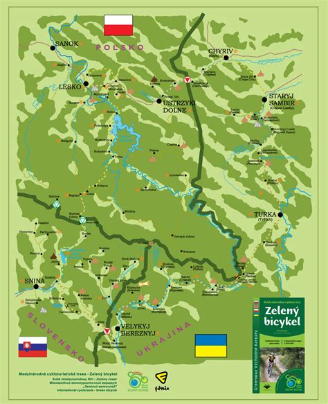 Mapa medzinárodnej cyklotrasy Zelený bicykel v Karpatoch