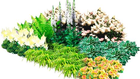 Záhradná kompozícia s rododendronmi rôznych farebných odtieňov v polotieni