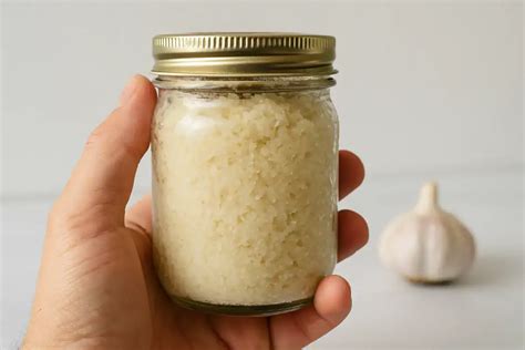 Detailná fotografia zaváraninového pohára s vrstvami soli a celých strúčikov cesnaku