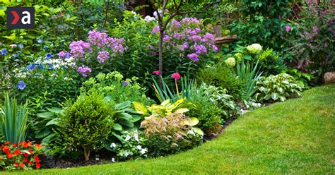 Záhrada plná rozmanitých kvitnúcich okrasných kríkov rôznych veľkostí a farieb