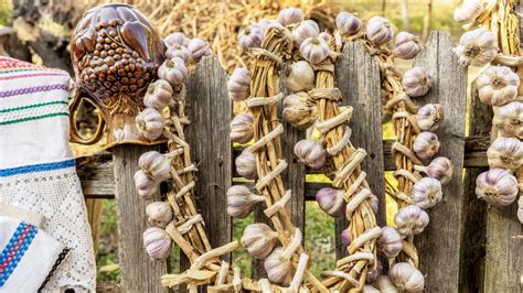 foto skladovaného cesnaku v sieťkach a vrkočoch