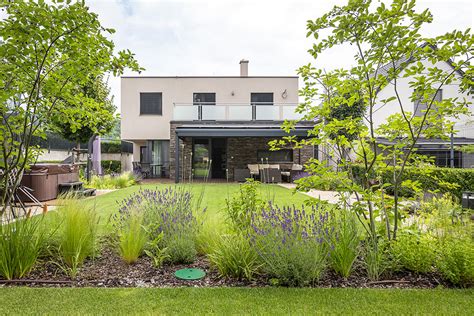 moderná záhrada s kompozíciou z rôznych druhov tují