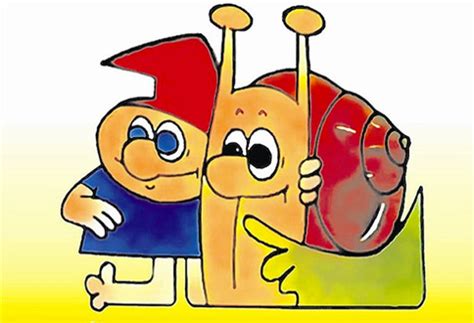 Ilustrácia postavičiek slimáka Maťa a škriatka Klinčeka