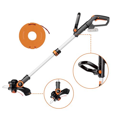 Detailný pohľad na akumulátorový vyžínač Worx WG163E.9 s vyvinutou strunou