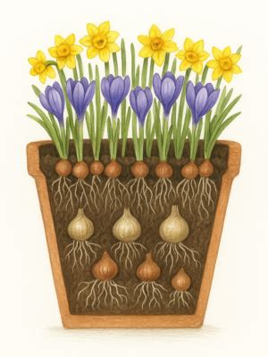ilustrácia - rôzne cibuľoviny vysadené vo vrstvách v jednom kvetináči