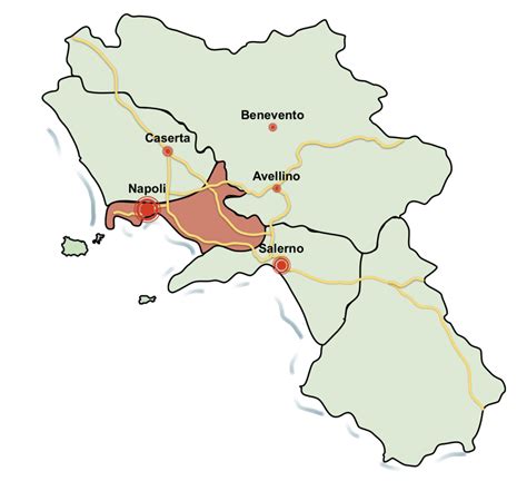 Mapa oblasti Agro Sarnese Nocerino s vyznačeným Vezuvom a oblasťou pestovania paradajok San Marzano