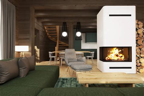 interiér obývacej miestnosti chaty s krbom a gaučom