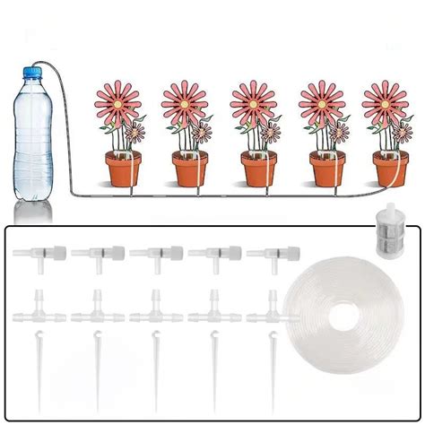 Schéma domácej kvapkovej závlahy: od zdroja vody cez hlavné potrubie až ku koreňom rastlín