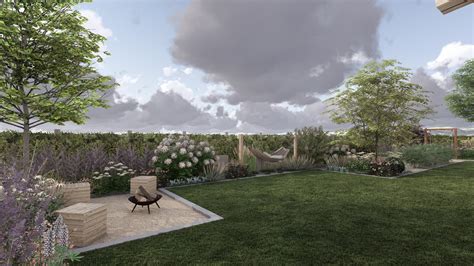 Vizualizácia záhrady s niekoľkými kusmi cyprusu 'Totem' vysadenými popri chodníku.