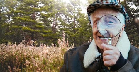 Tematické foto: človek zbierajúci machorasty v lese s lupou