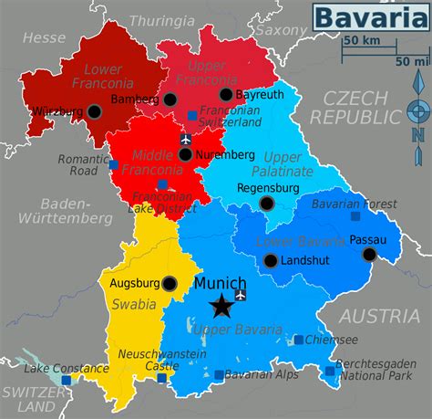 Mapa Bavorska s vyznačenými oblasťami s tradičným pestovaním duba