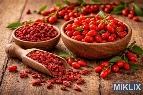Detail plodov kustovnice čínskej (goji), čerstvé a sušené bobule